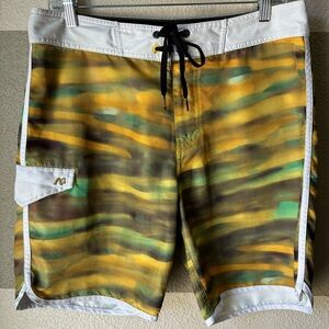 Analog Men’s 33 Swim Board Shorts Zip Fly Tie Waist White Brown Yellow Tie Dye